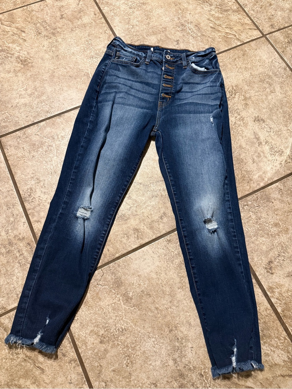 Kancan High-Rise Button-Fly Dark Blue Distressed Women's Jeans